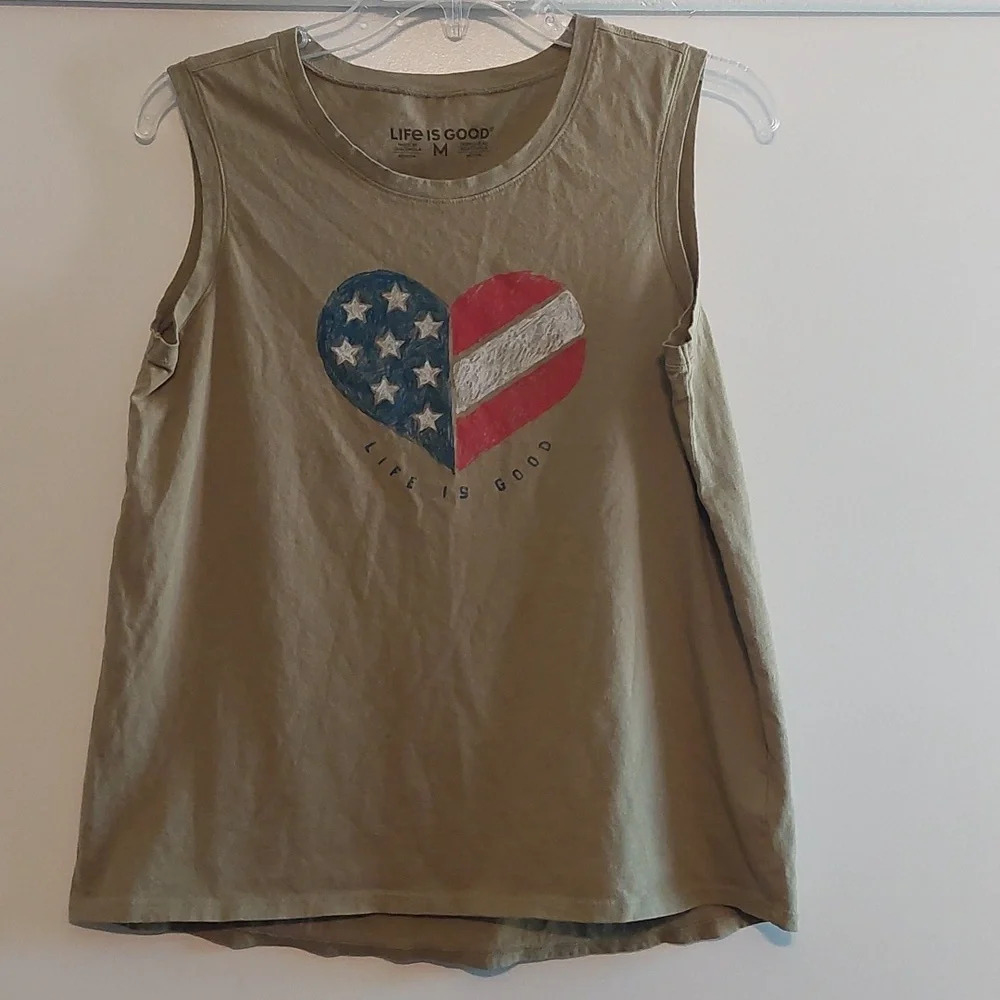 LIFE IS GOOD American "Heart" Tank Top Medium Green Patriotic